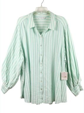 LC Lauren Conrad Linen Green & White Striped Shirt 2X